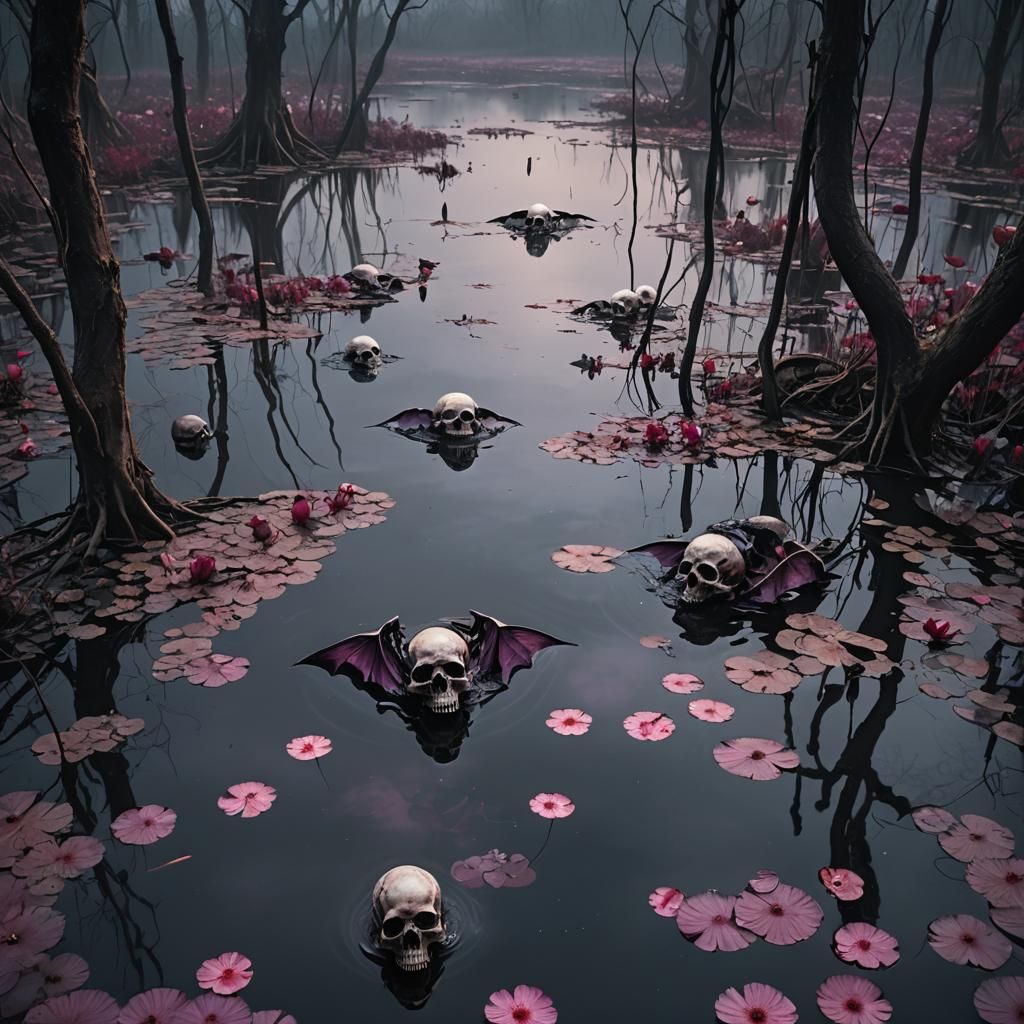 A dense, eerie fog shrouds a haunting swamp, where human skulls eerily float on the surface of the murky, dark green wat...
