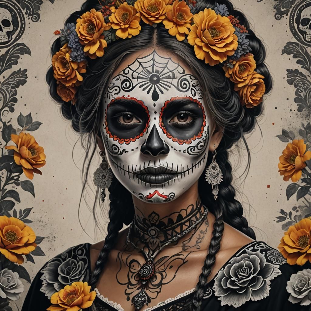 Ecuadorian Woman as La Catrina, Hyperrealistic Portrait