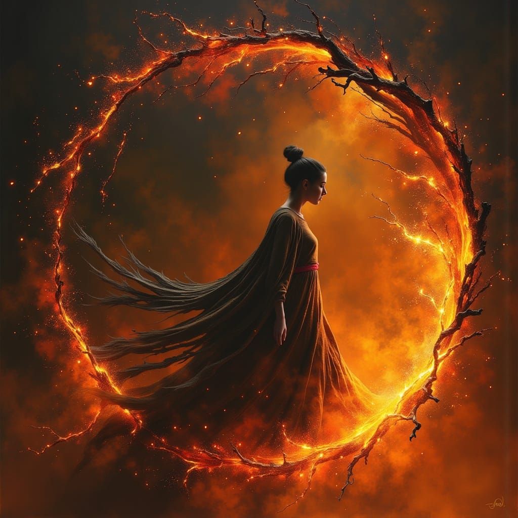 Mystical Witch by Fire in Dark Oil Painting Style