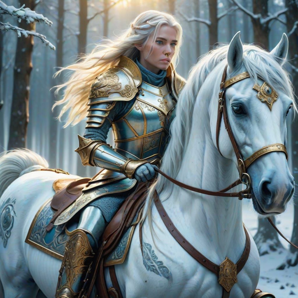 Majestic Lady in German Armor Rides a Giant White Russian Ho...