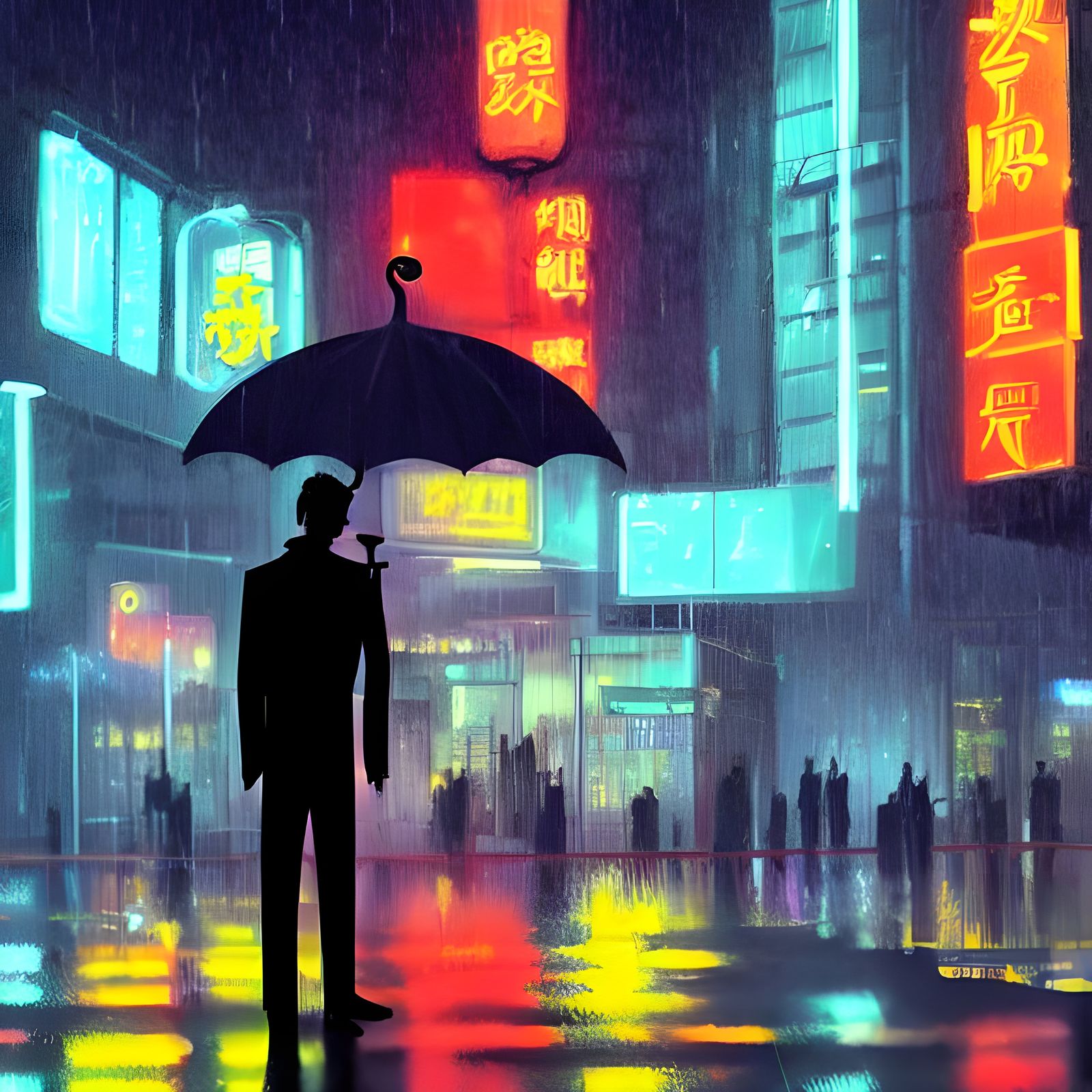 Neon Cityscape Silhouette Inspired by Studio Ghibli