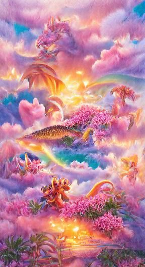 Magical Pink Sunset Ocean with Dragons in Fantasy Style