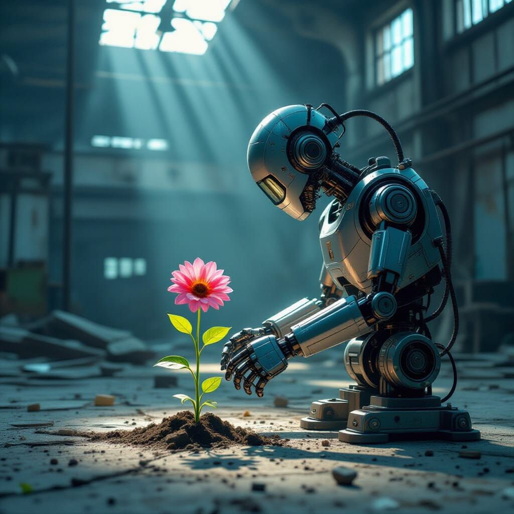Robot Tending Flower, Oil Painting with Chiaroscuro Lighting