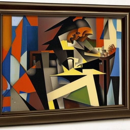 Artist at Cafe in Abstract Cubist Style