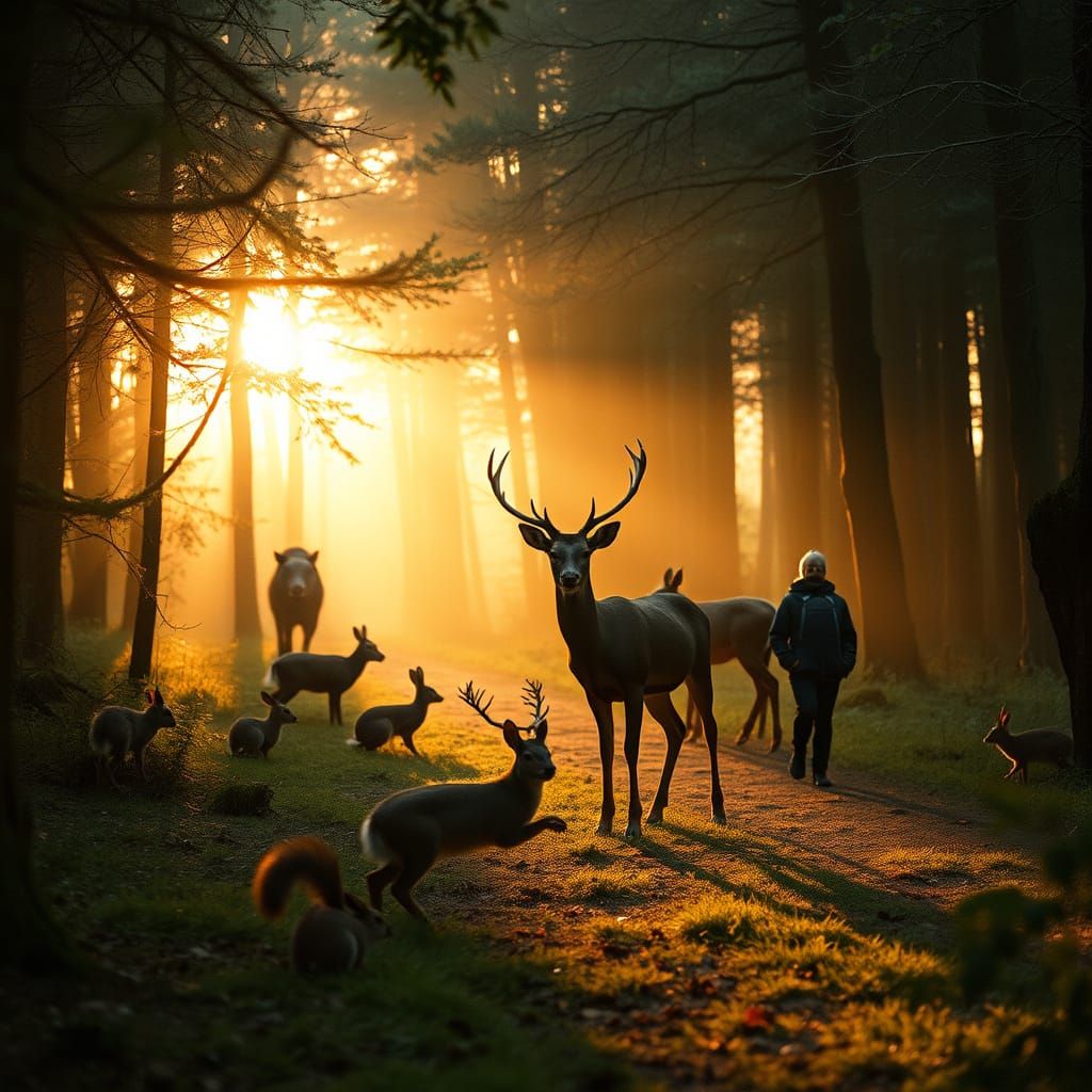 Serene Woodland Scene with Majestic Deer and Gentle Hares