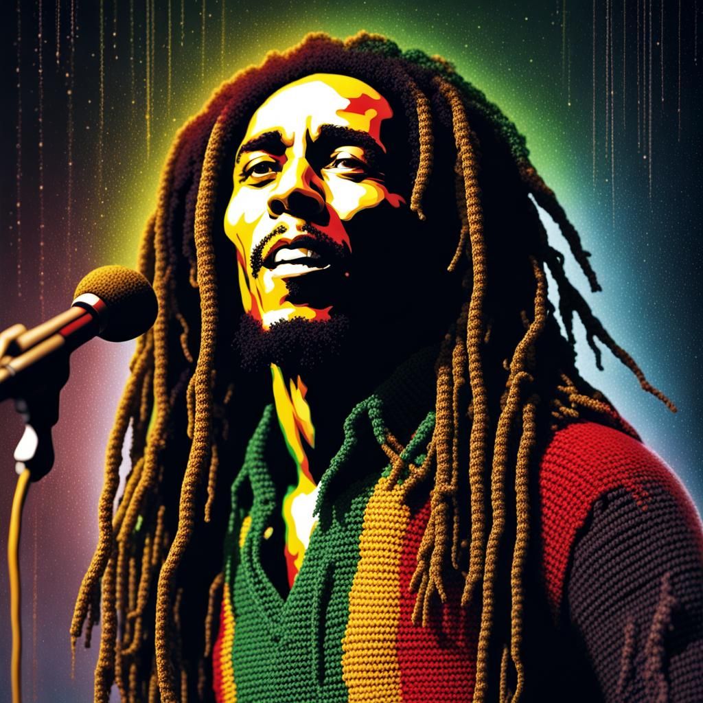 bOB mARLEY MADE OF CROCHET, Majestic, magical realism, surreal, particles, Ultra HD, Epic Composition, by Chris Bachalo ...