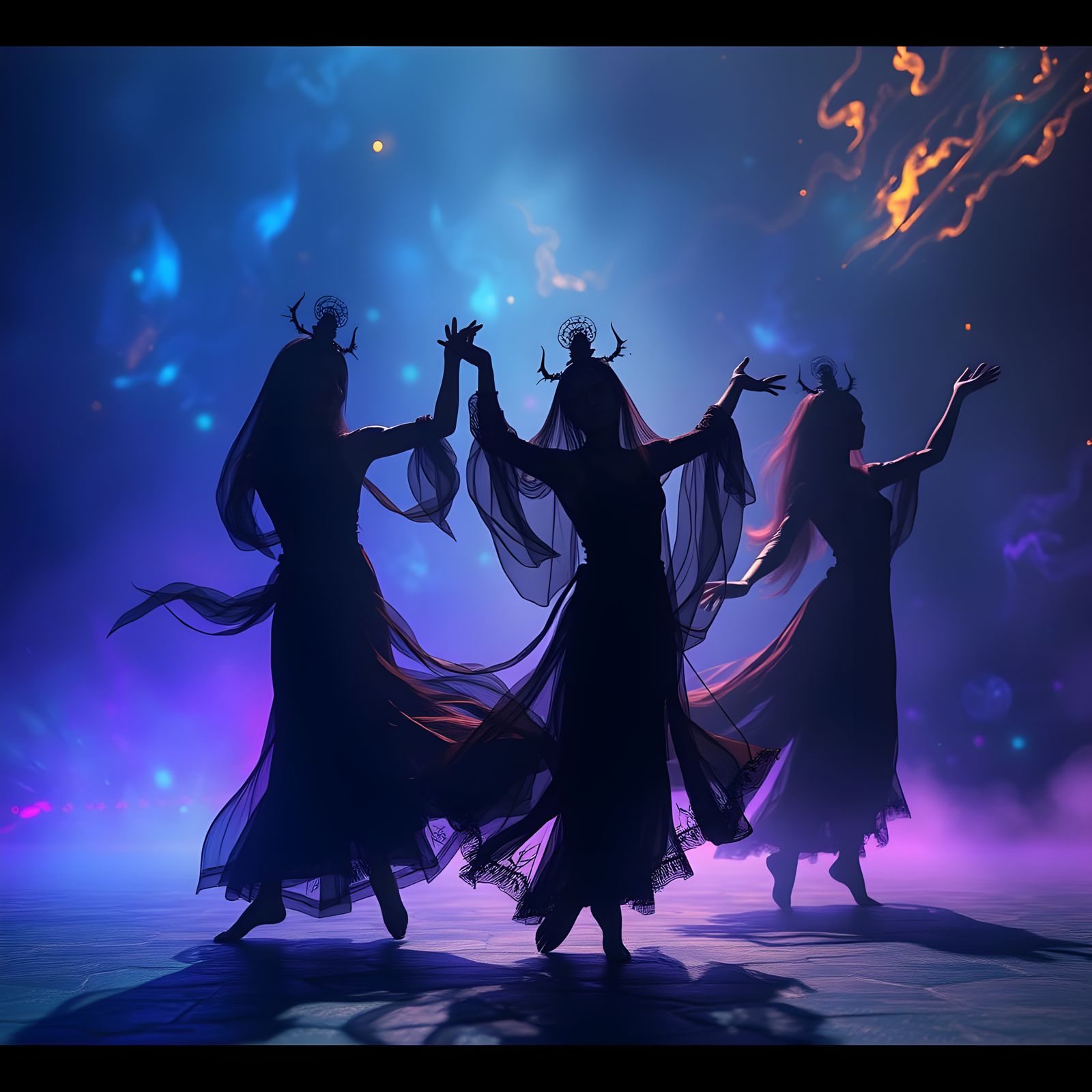 Mystical Shadow Dancers in Vibrant, Dreamlike Landscape