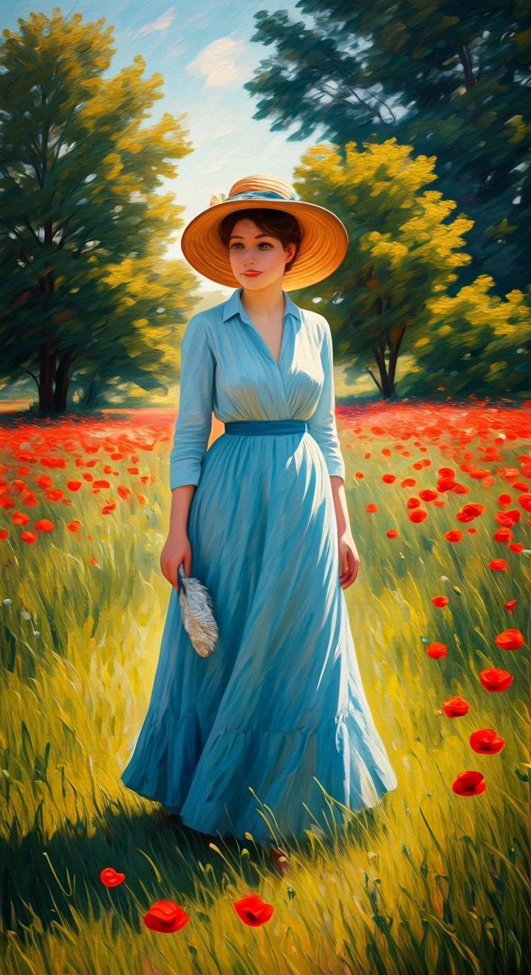 Elegant Woman in Poppy Field as Impressionist Art