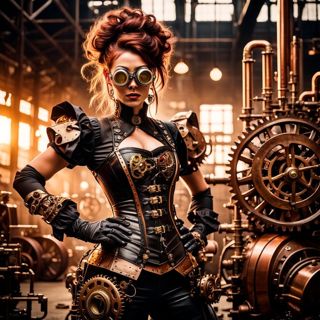 Steampunk Girl Touches Gear in Factory Portrait