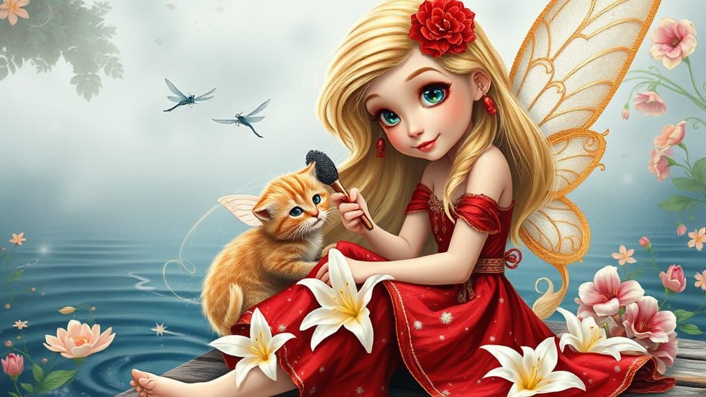 Disney Fairy with Kitten and Lilies