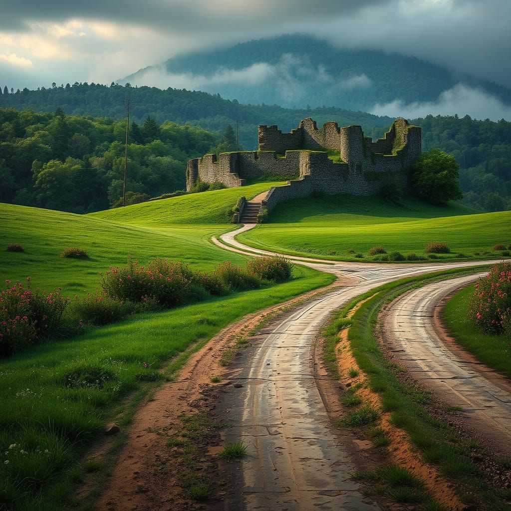 Serene Highland Landscape with Ancient Fortress