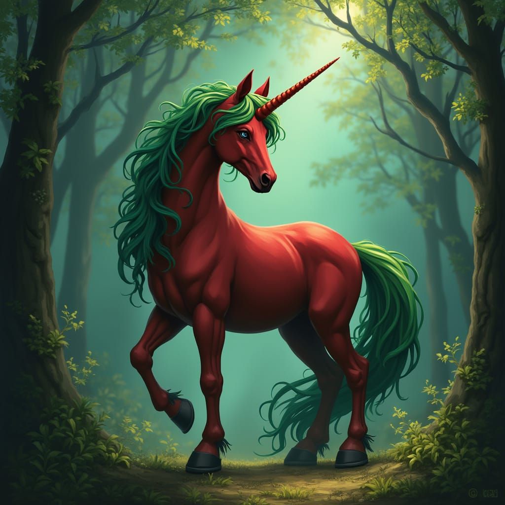 Mystical Red Unicorn with Emerald Mane, Digital Art