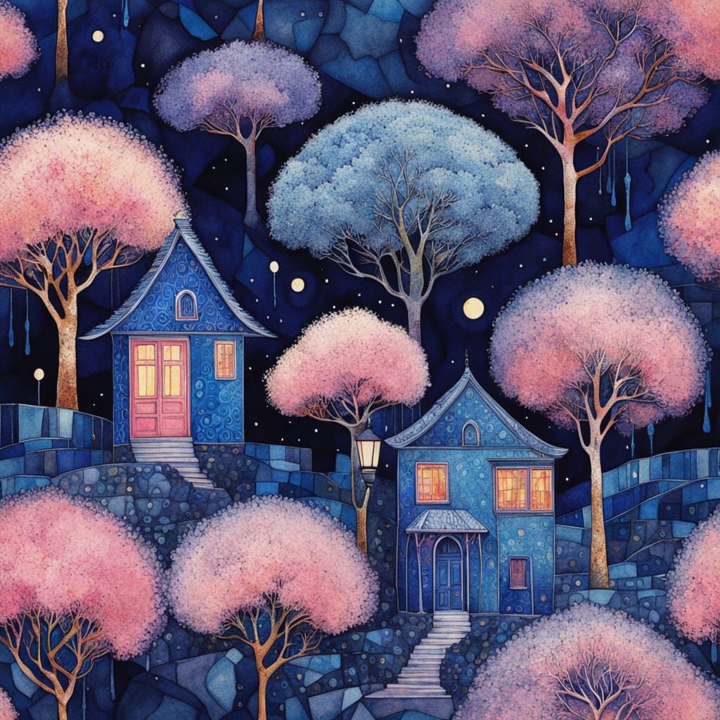 Oriental Row Houses in Art Deco Style with Vibrant Watercolo...