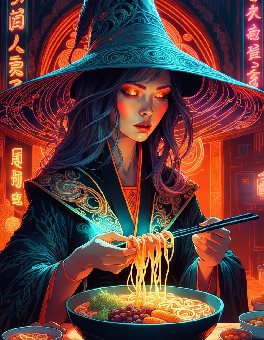 Neon Witch Eating Ramen: Digital Art Portrait