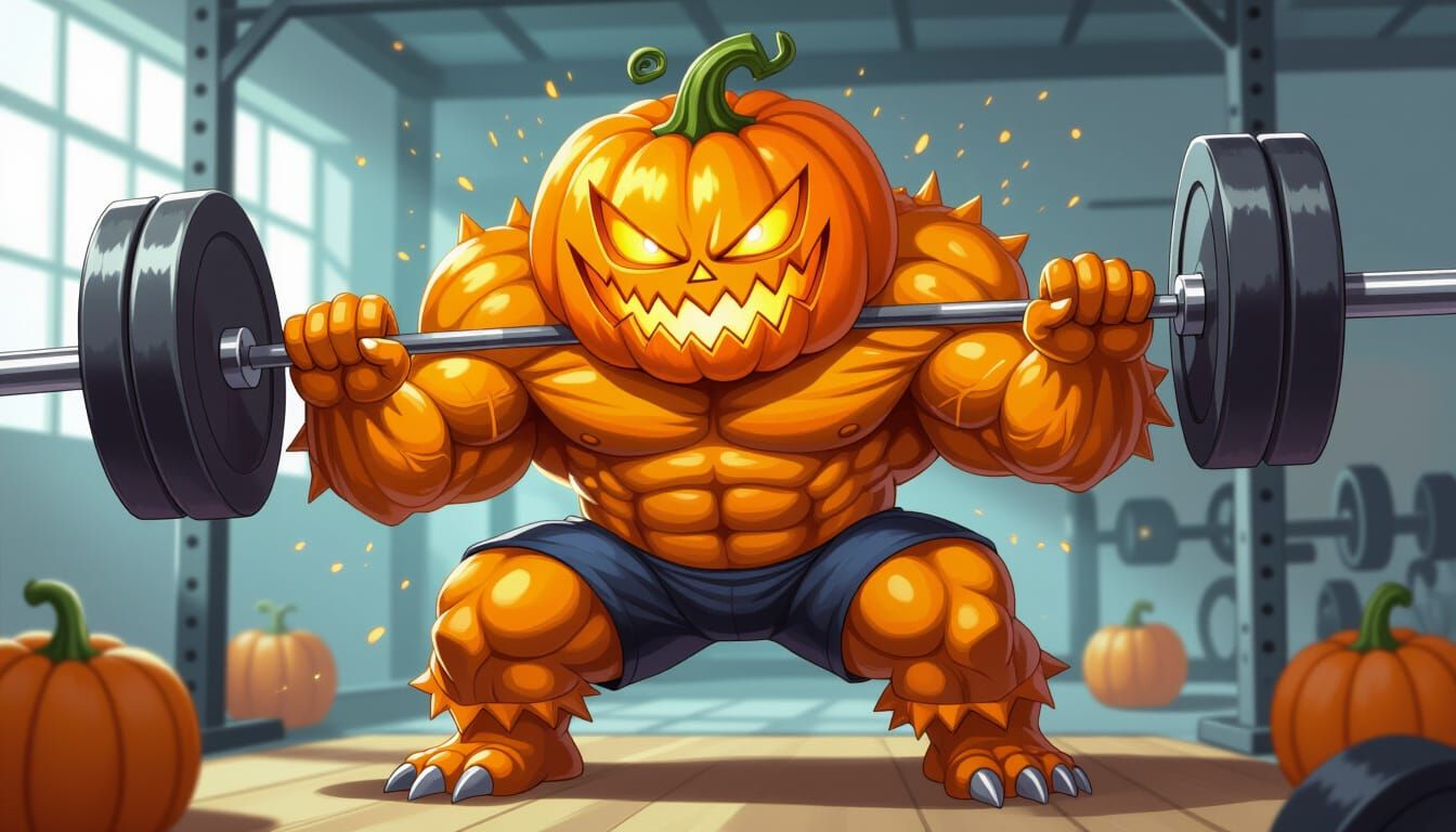 Manga Style Pumpkin King Bodybuilder Pumping Weights
