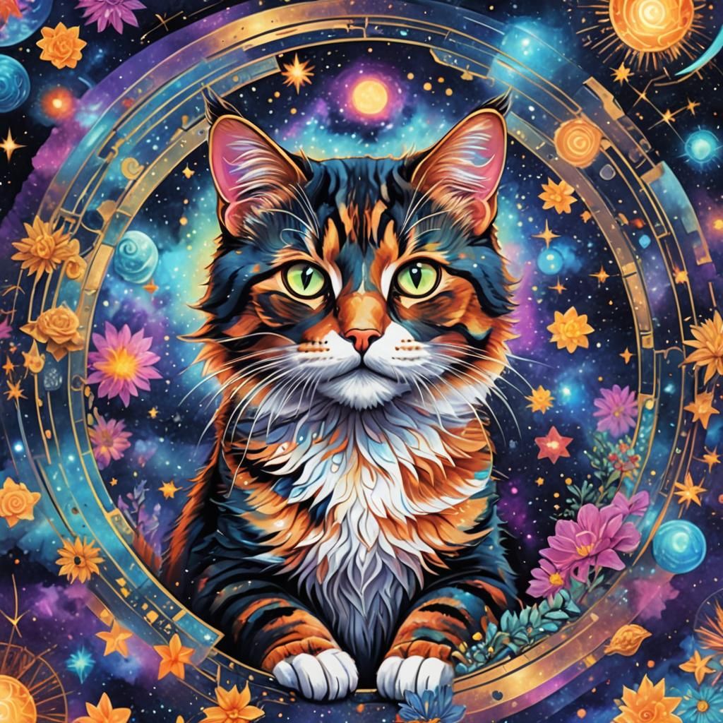 Cosmic Calico Cat Holographic Illustration