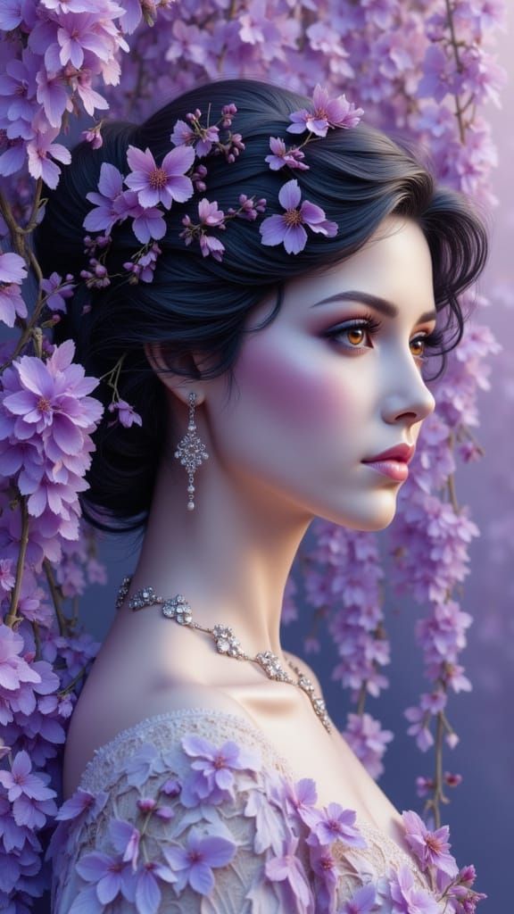 Vintage Elegance: Pin-Up Statue Woman in Blooming Garden