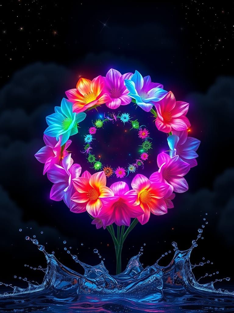 Bioluminescent Flowers in Fibonacci Sequence, Hyperrealistic...