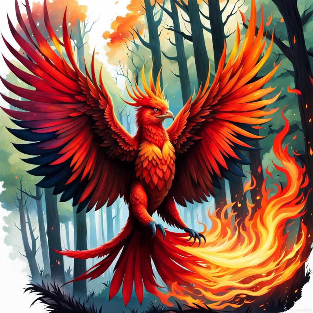 Fiery Phoenix Flight Over Burning Forest: Digital Art