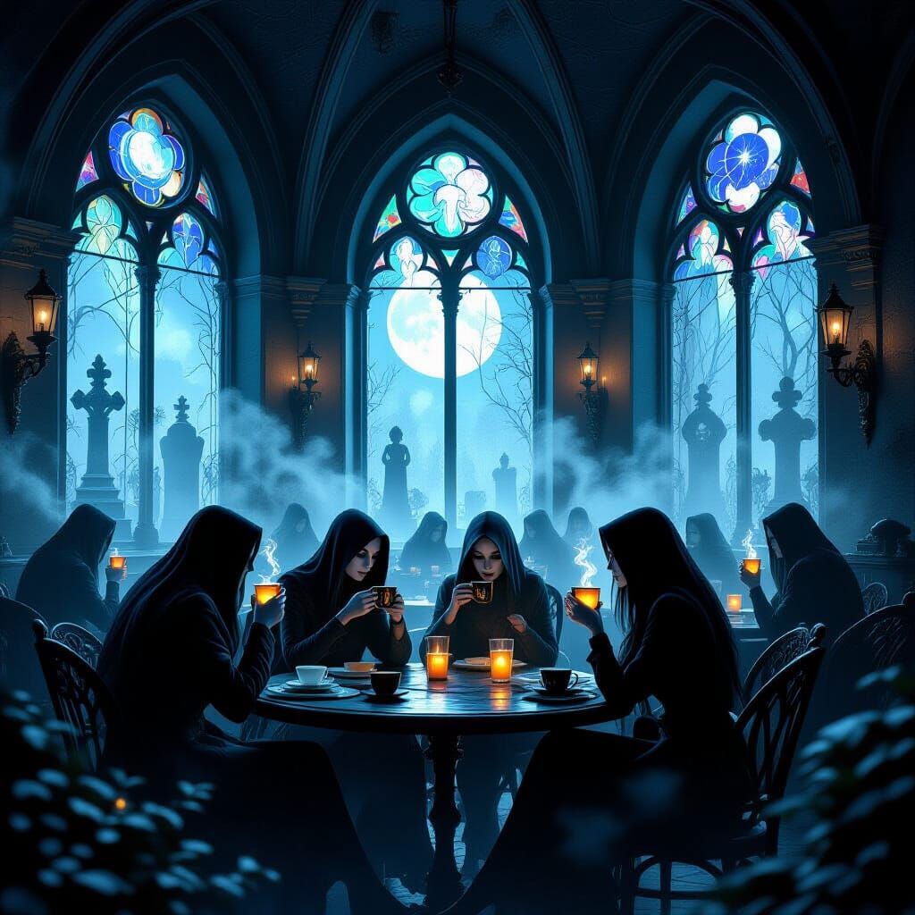 Gothic Graveyard Cafe With Ghostly Patrons
