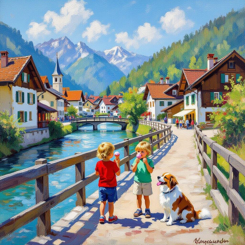 Impressionist Swiss Village Scene with Children and Dog