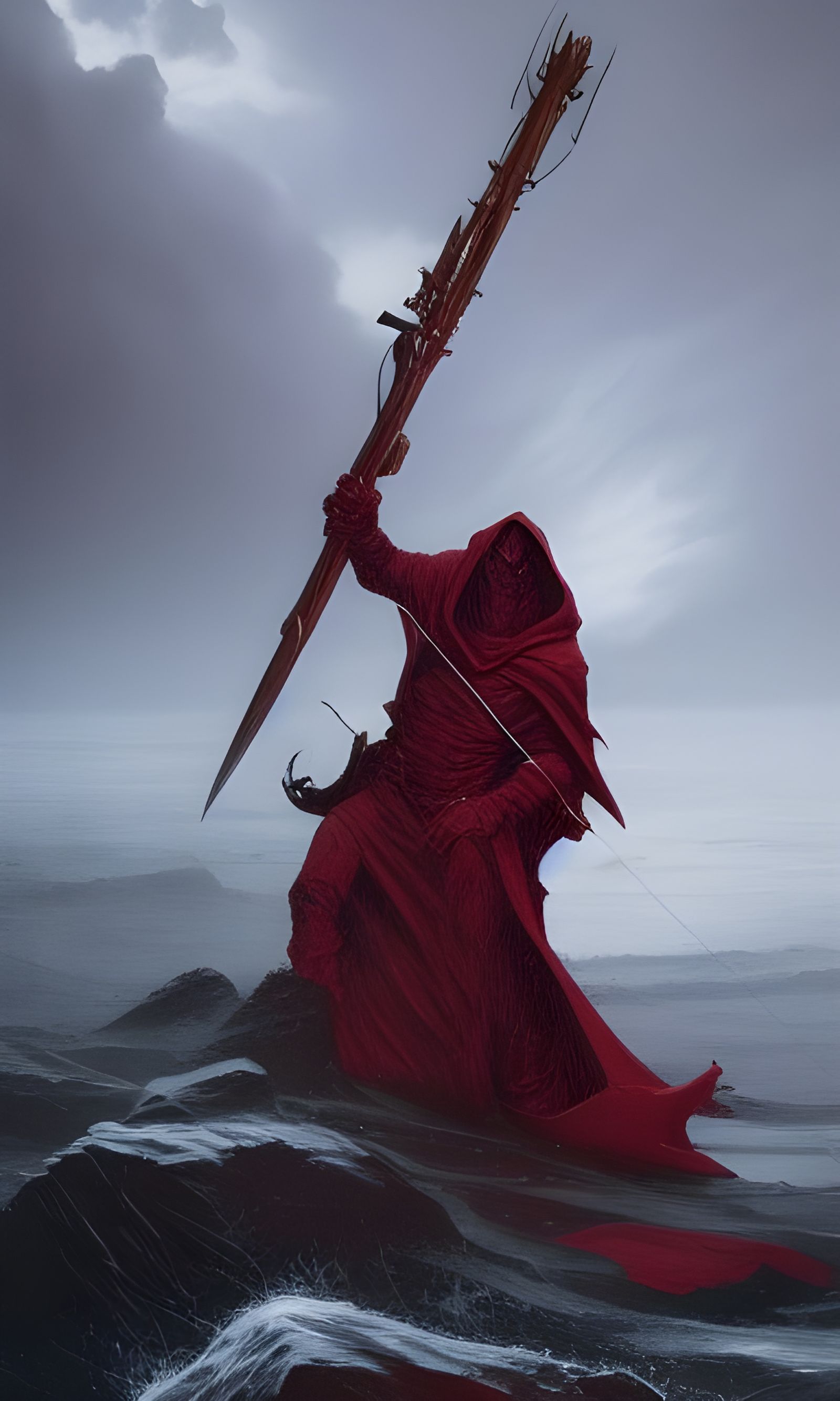 Red Cloak Figure Confronts Stormy Sea
