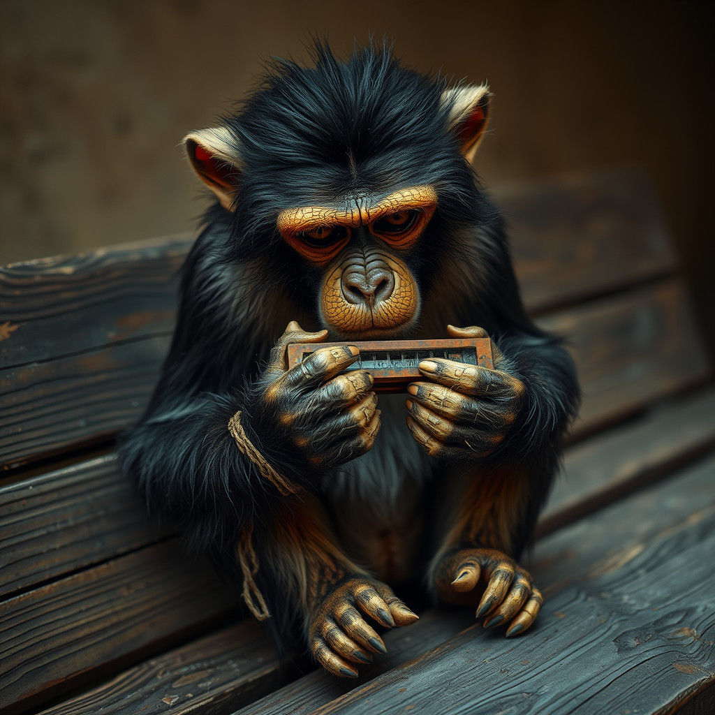 Monkey's Melancholy Harmonica Serenade: Hyperrealistic Image
