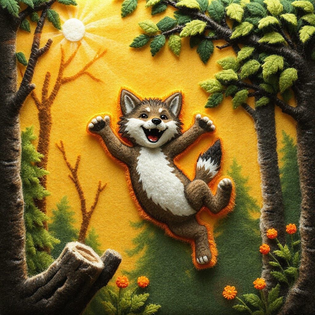 Joyful Wolf Pup in Felt Art Forest
