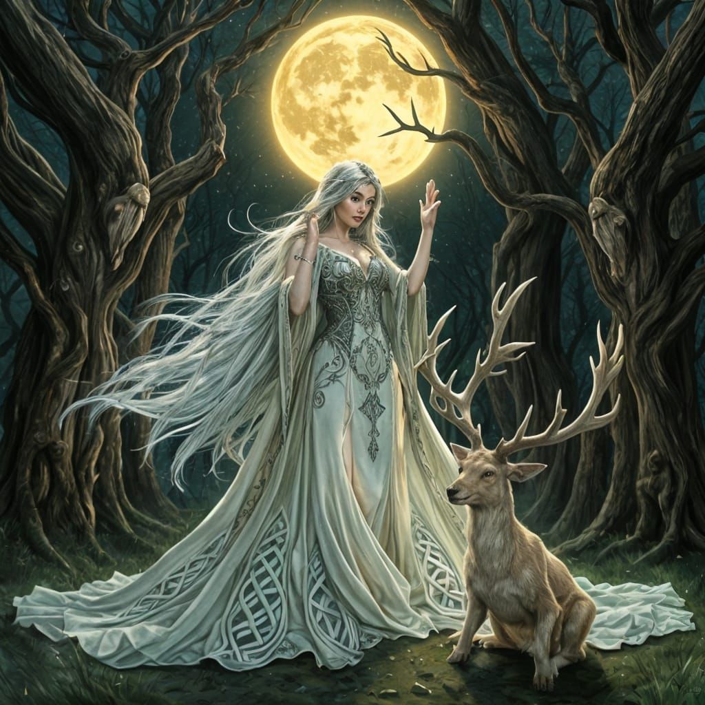Celtic Sorceress Amidst Ancient Trees in Ethereal Gown