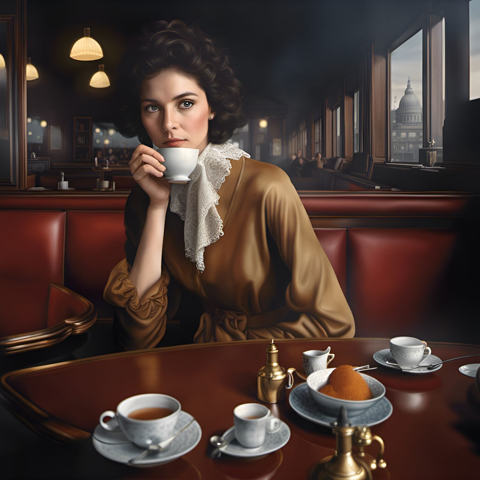 Beautiful Woman Having Tea: Photorealistic Portrait