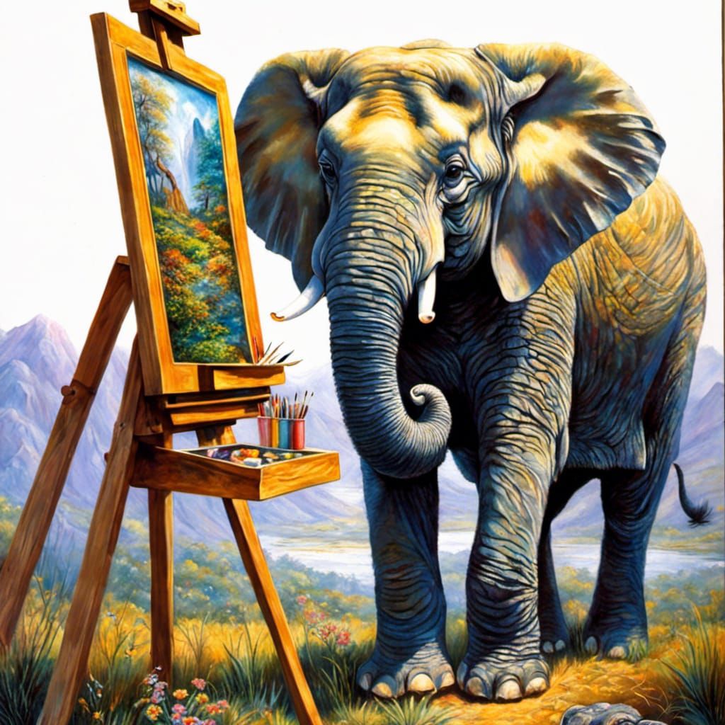 Realistic Elephant Painting at Easel in Hyperdetailed Style