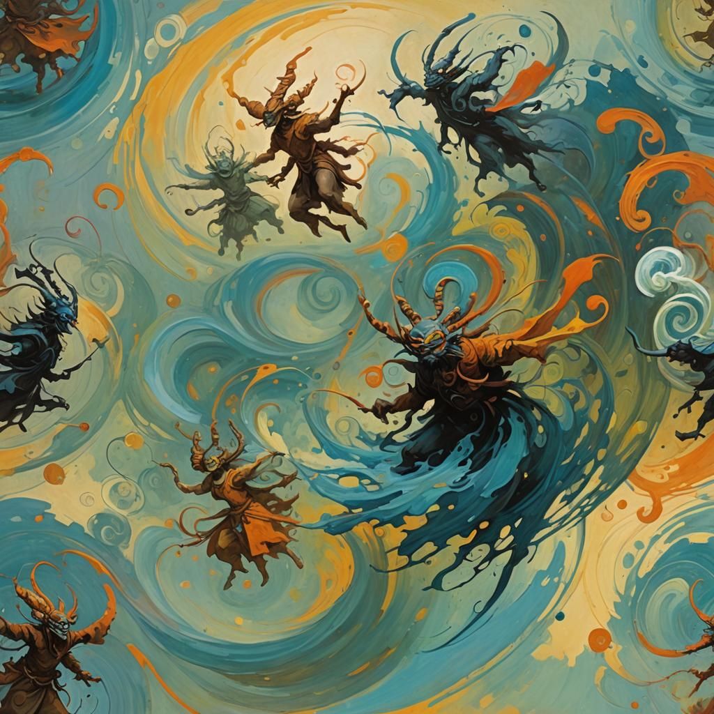 Whirling Brushstrokes: An Oil Painting of Ancient Life