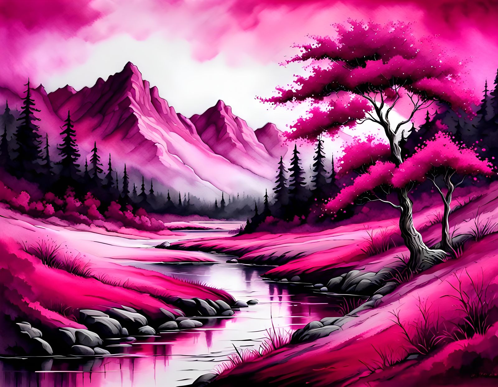 A beautiful landscape scene, palette  very very bright fuchsia, very very pale fuchsia