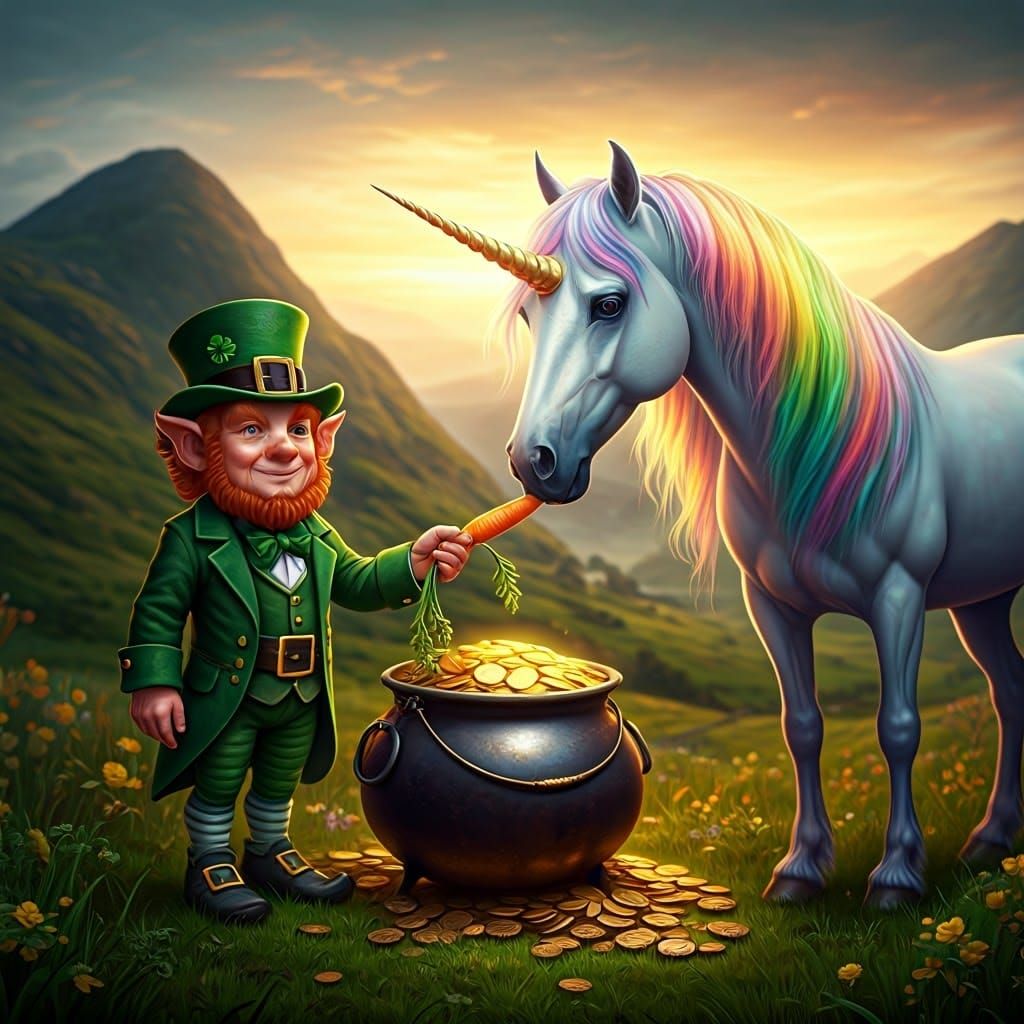 Leprechaun and Unicorn with Pot of Gold