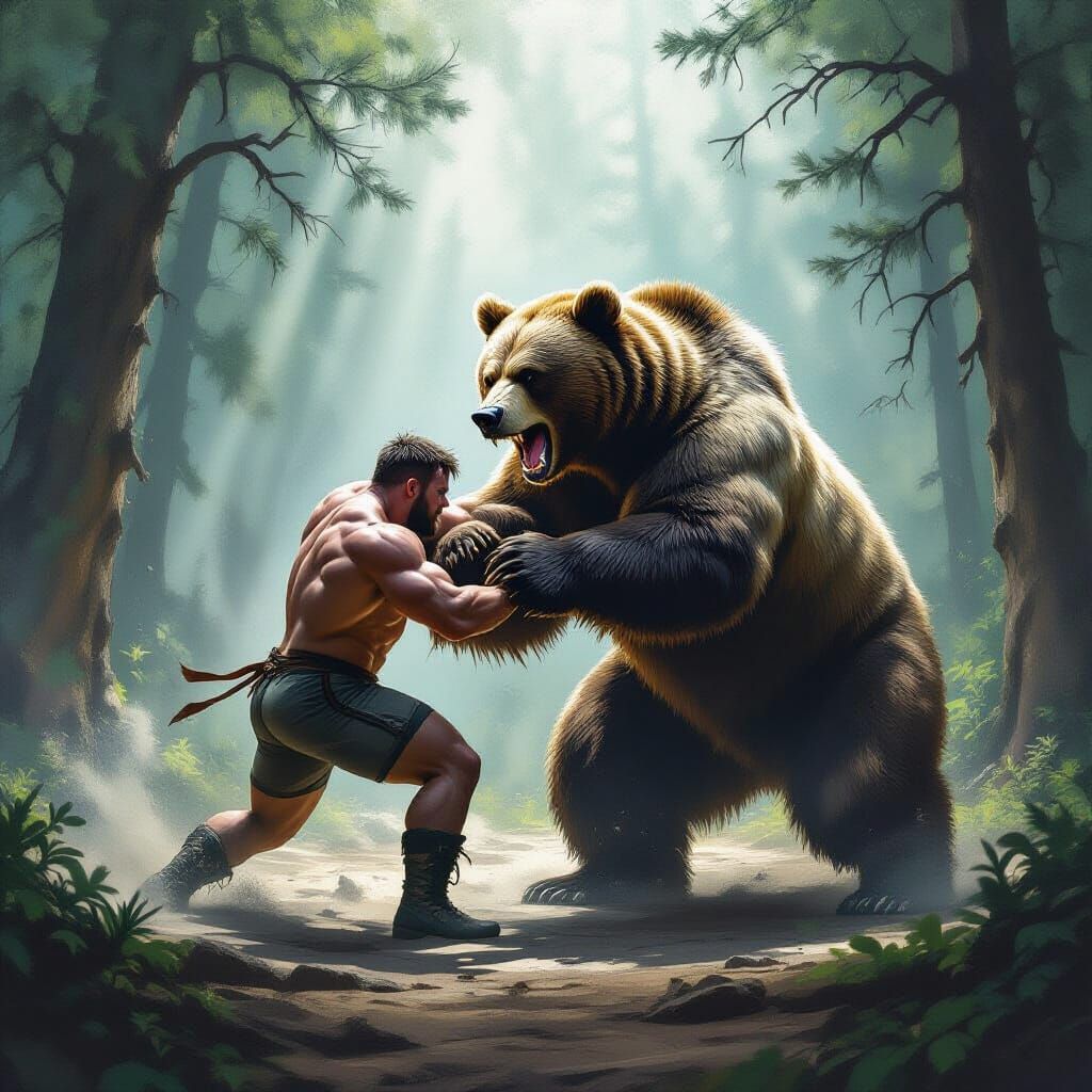 Man Wrestles Grizzly Bear in Misty Forest Clearing