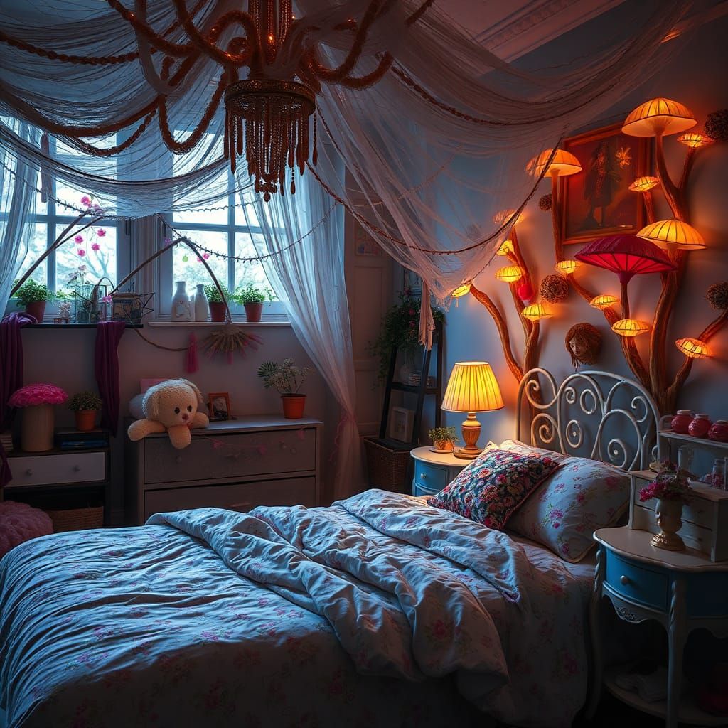 Princess Bedroom with Vivid Mycelium Threads in HDR
