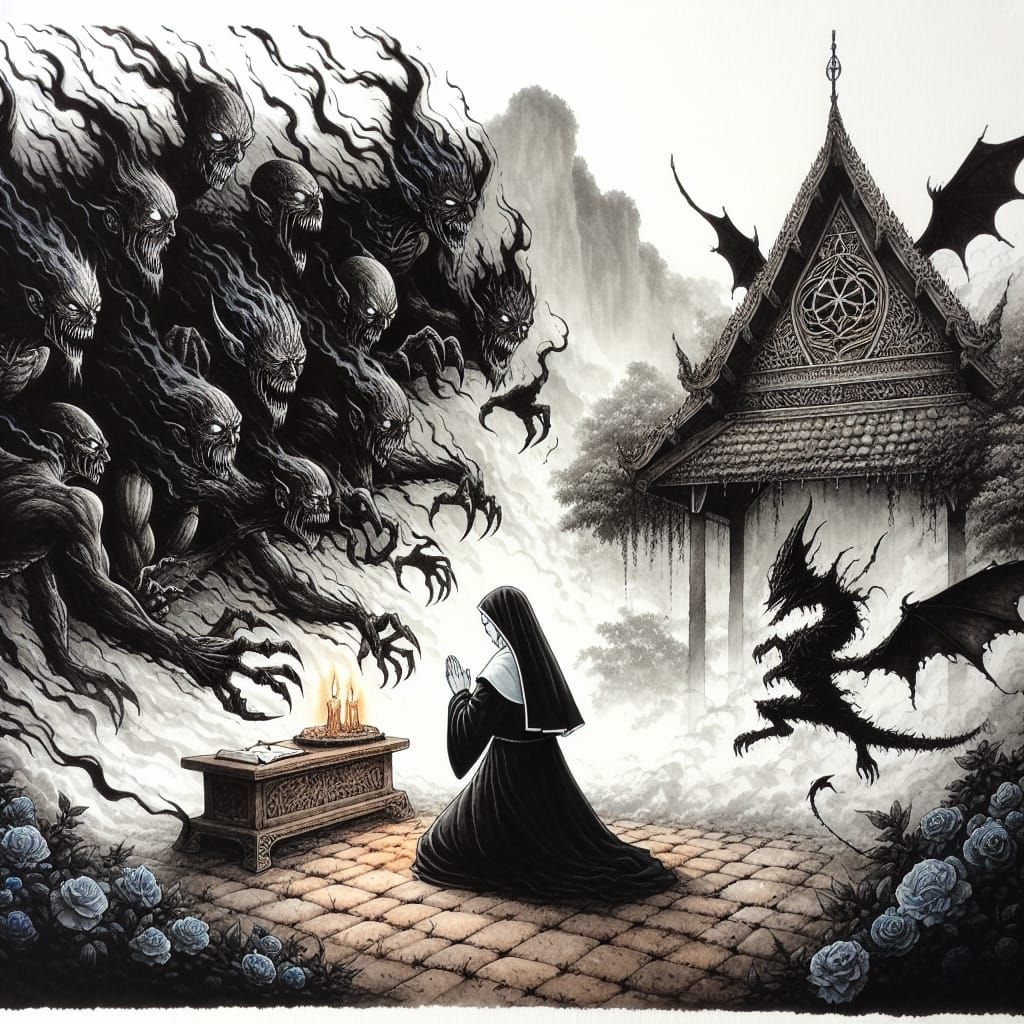 Nun Praying Surrounded by Demonic Phantoms in Dark Academia