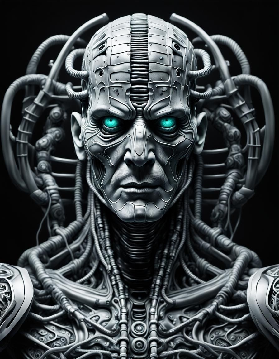 Hyperrealistic black and white full-body airbrush painting of a hauntingly handsome Aqua man, assimilated Borg Hellraise...