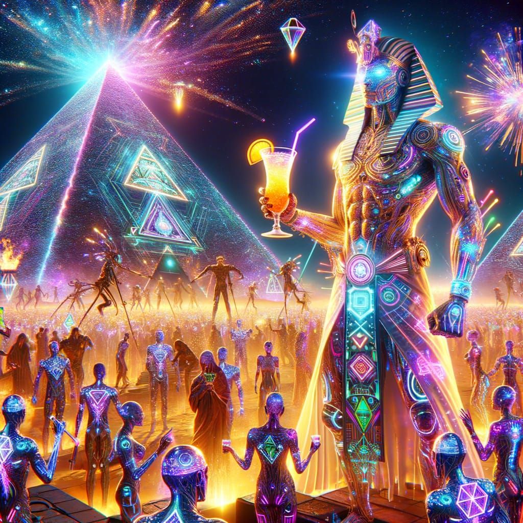 Cyberpunk Giza Rave: A Futuristic Pharaoh's Celebration