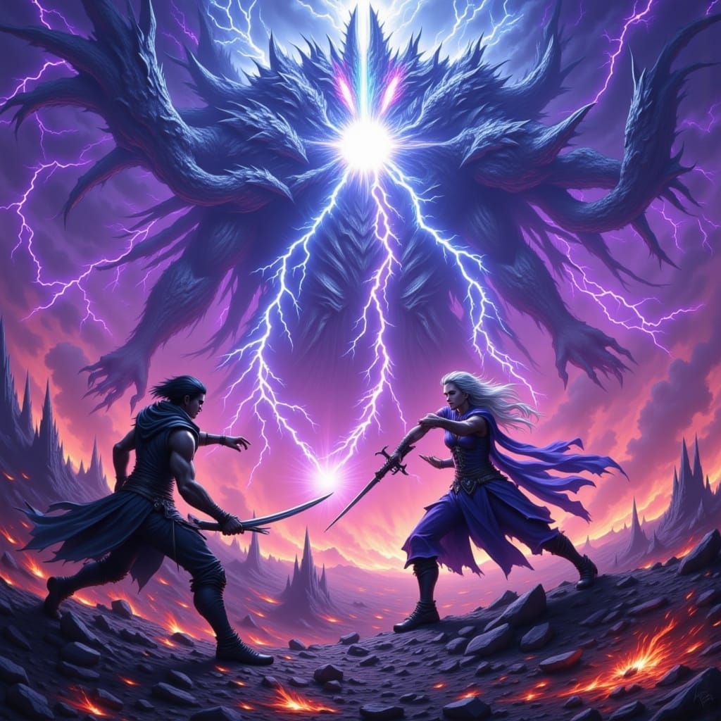 Anime Warriors Battle Biomechanical Titan Under Lightning Sk...