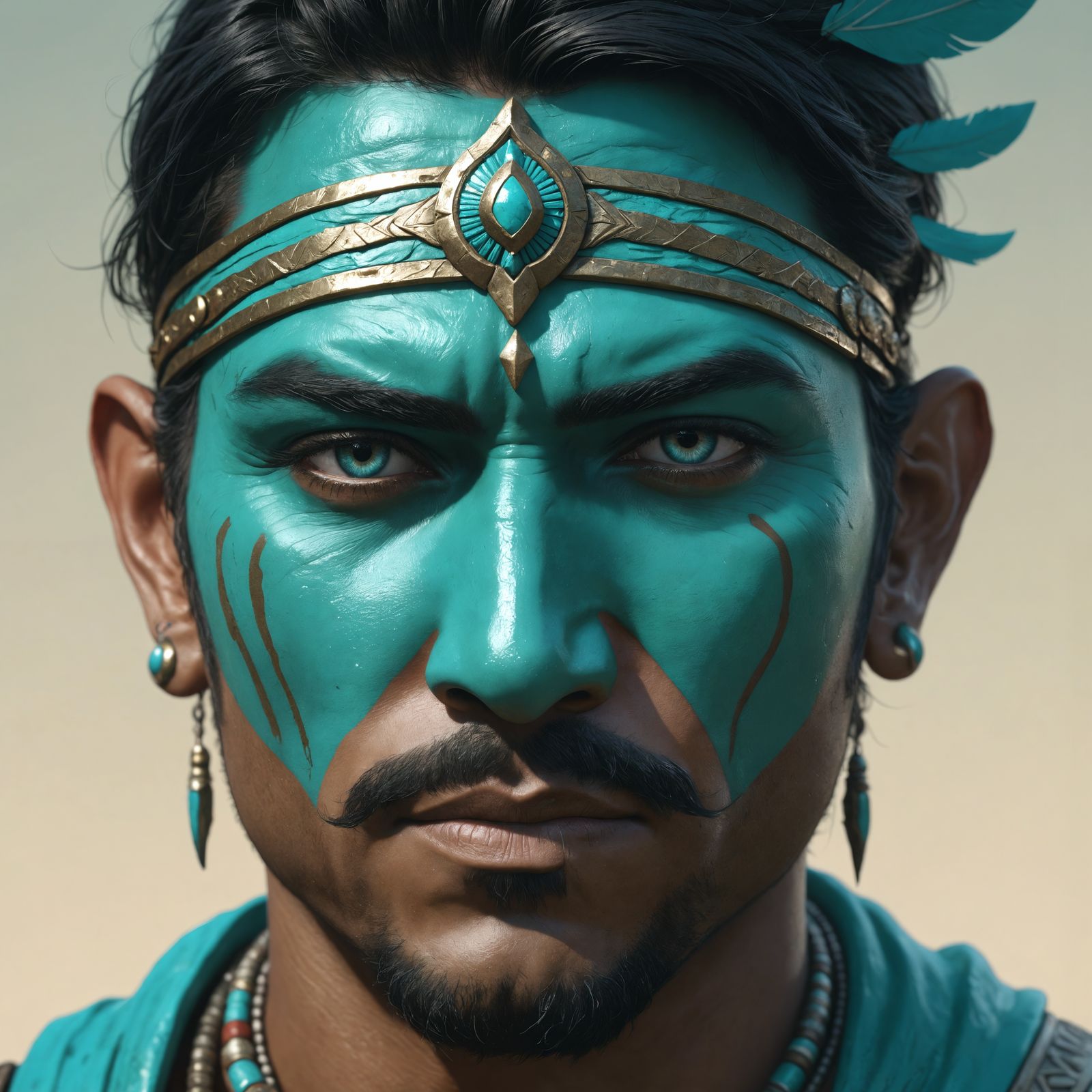 Turquoise Indian Warrior Portrait in Western Film Style