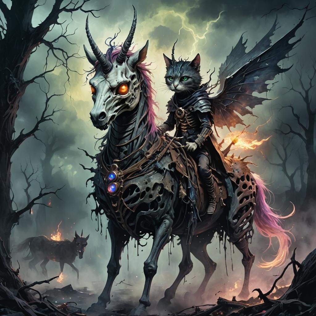 Fairy Cat Rides Unicorn Skeleton in Dark Fantasy Style