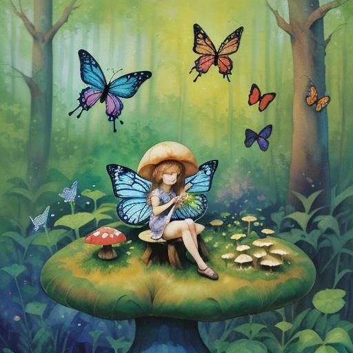 Fairy on Mushroom in Gouache Watercolor Style