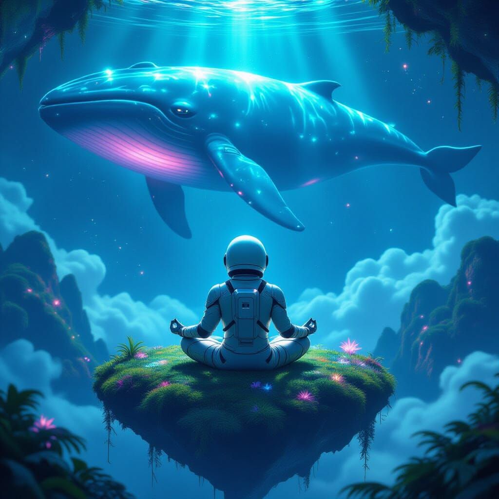 Astronaut Meditating Under Bioluminescent Space Whale