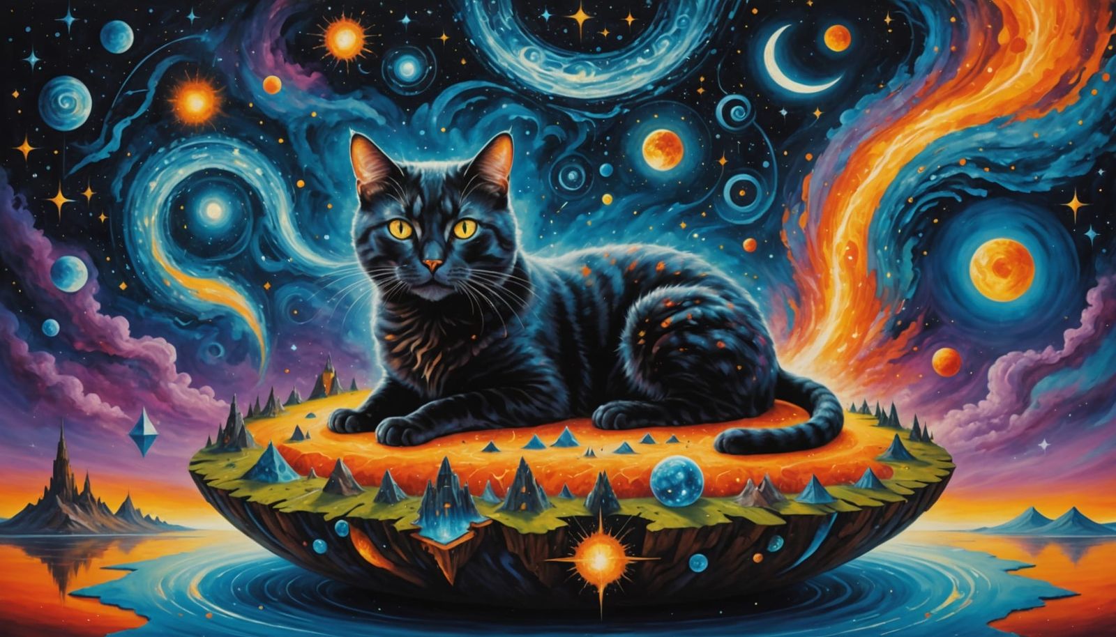 Cosmic Cat on Floating Island in Surreal Style