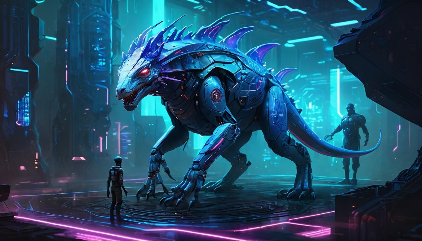 Futuristic Creatures Interact in Neon-lit Laboratory