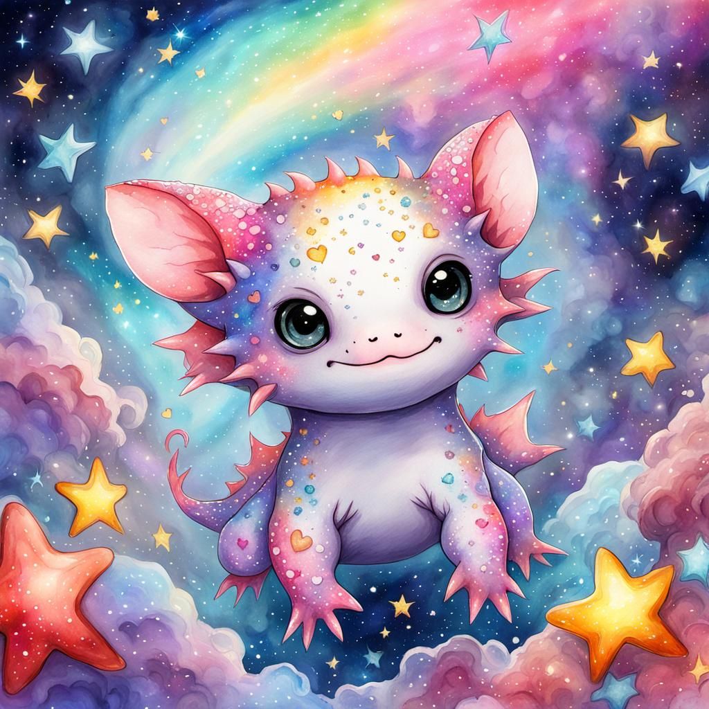 Cute Chibi Axolotl Made of Stars in Watercolor