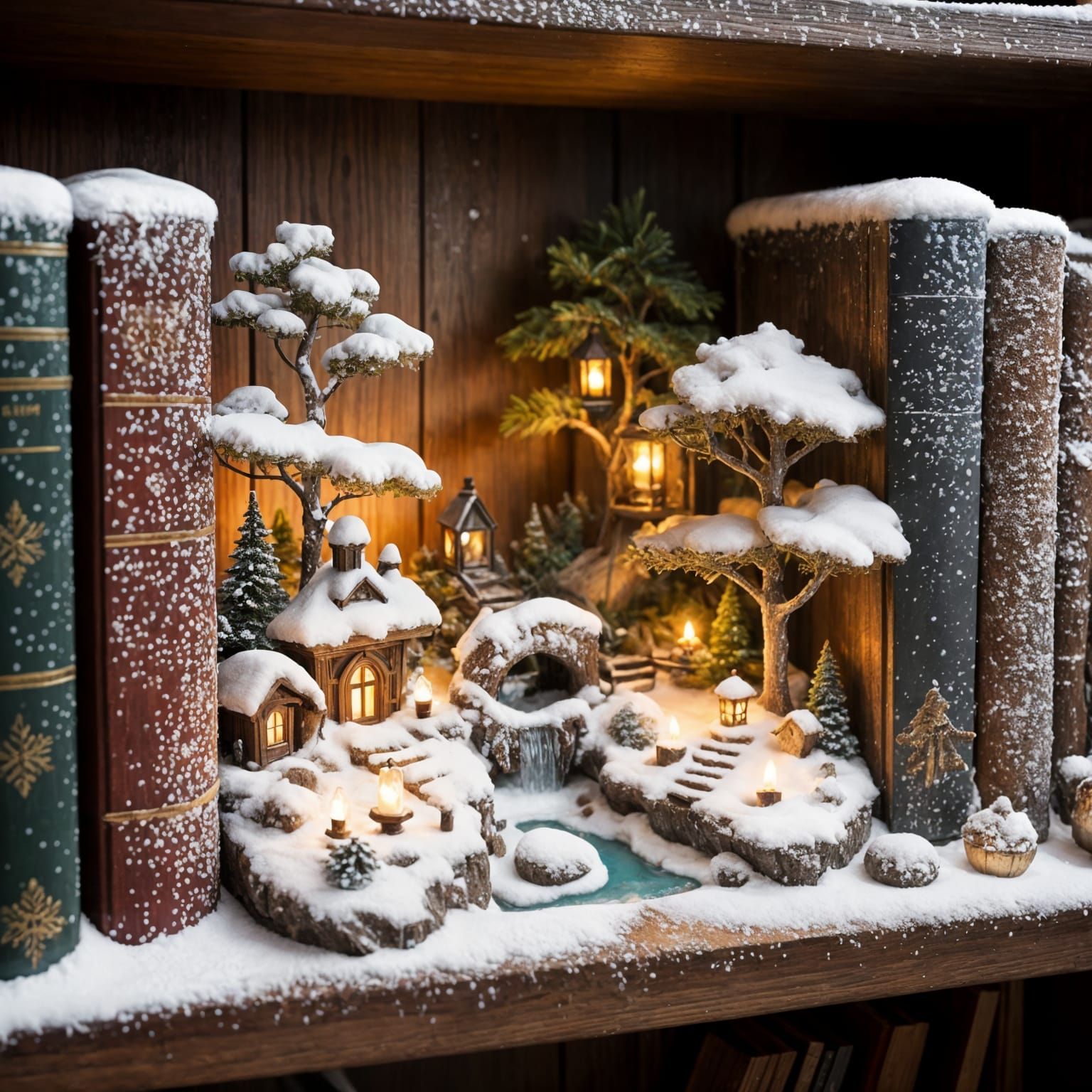 Whimsical Miniature Winter World Between Old Books
