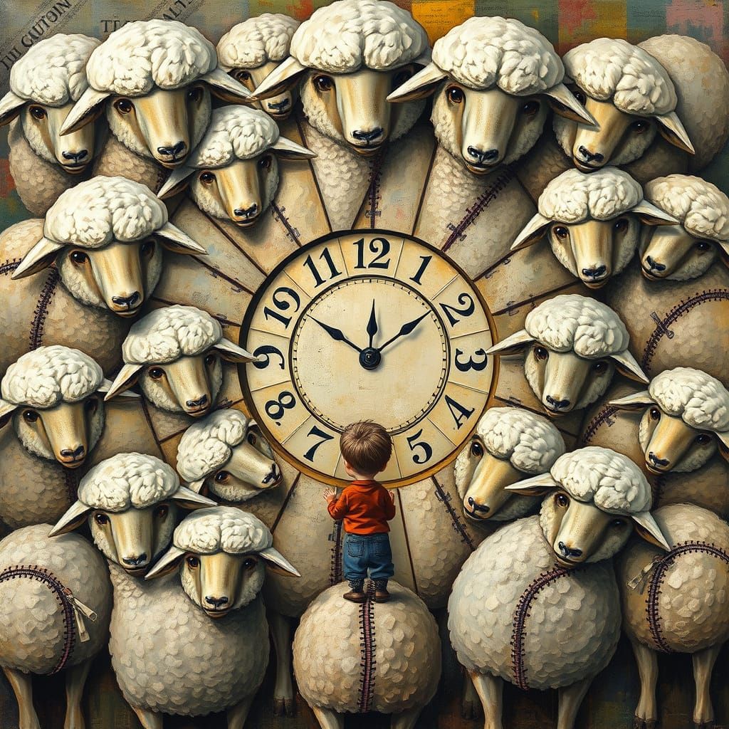 Whimsical Surrealism: Impasto Artwork with Cuddly Sheep Frag...