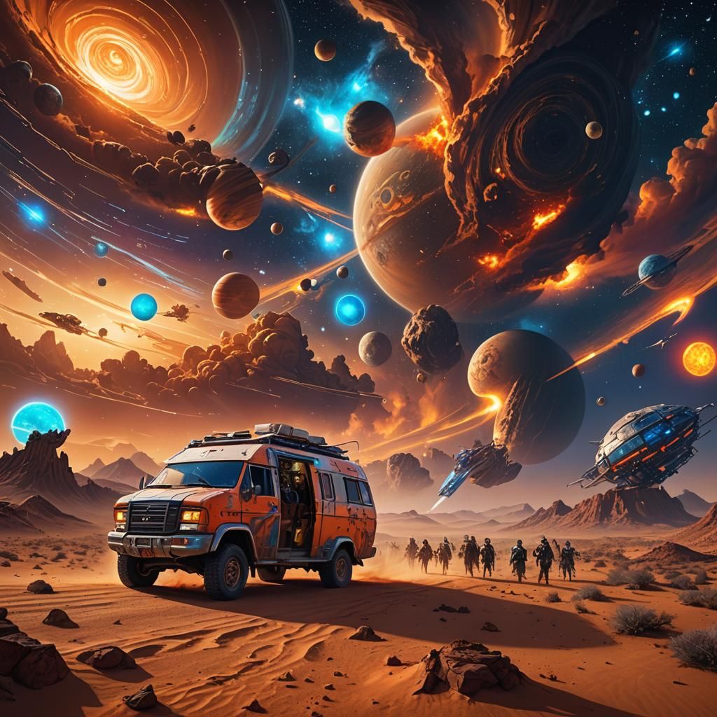 Caravan Descends into Desert Storm Under Galaxy